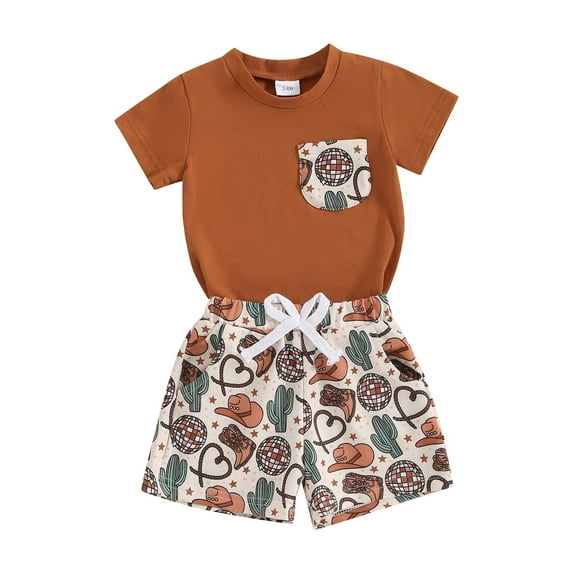 JYYYBF Toddler Boys Western Outfits Summer Short Sleeve T-Shirt and Elastic Cow Print Shorts for 2 Pcs Vacation Clothes Set