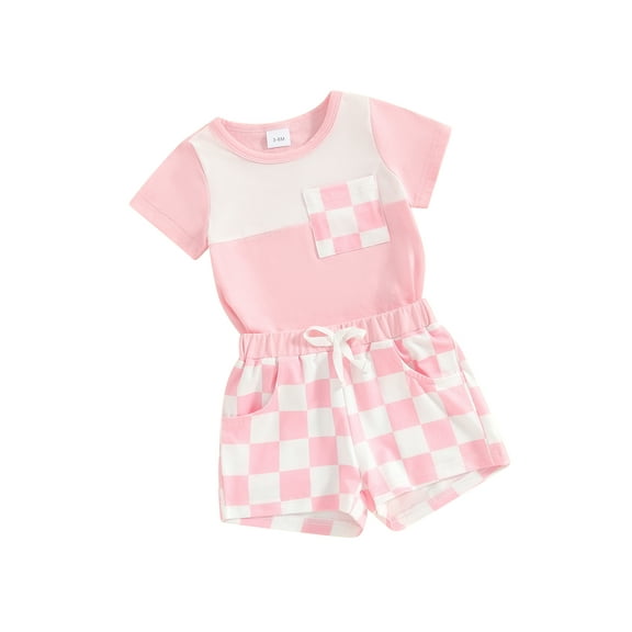 JYYYBF Toddler Girl Shorts Outfit Checkerboard Print Short Sleeve Pocket T-Shirt with Elastic Waist Shorts 2 Pcs Summer Clothes
