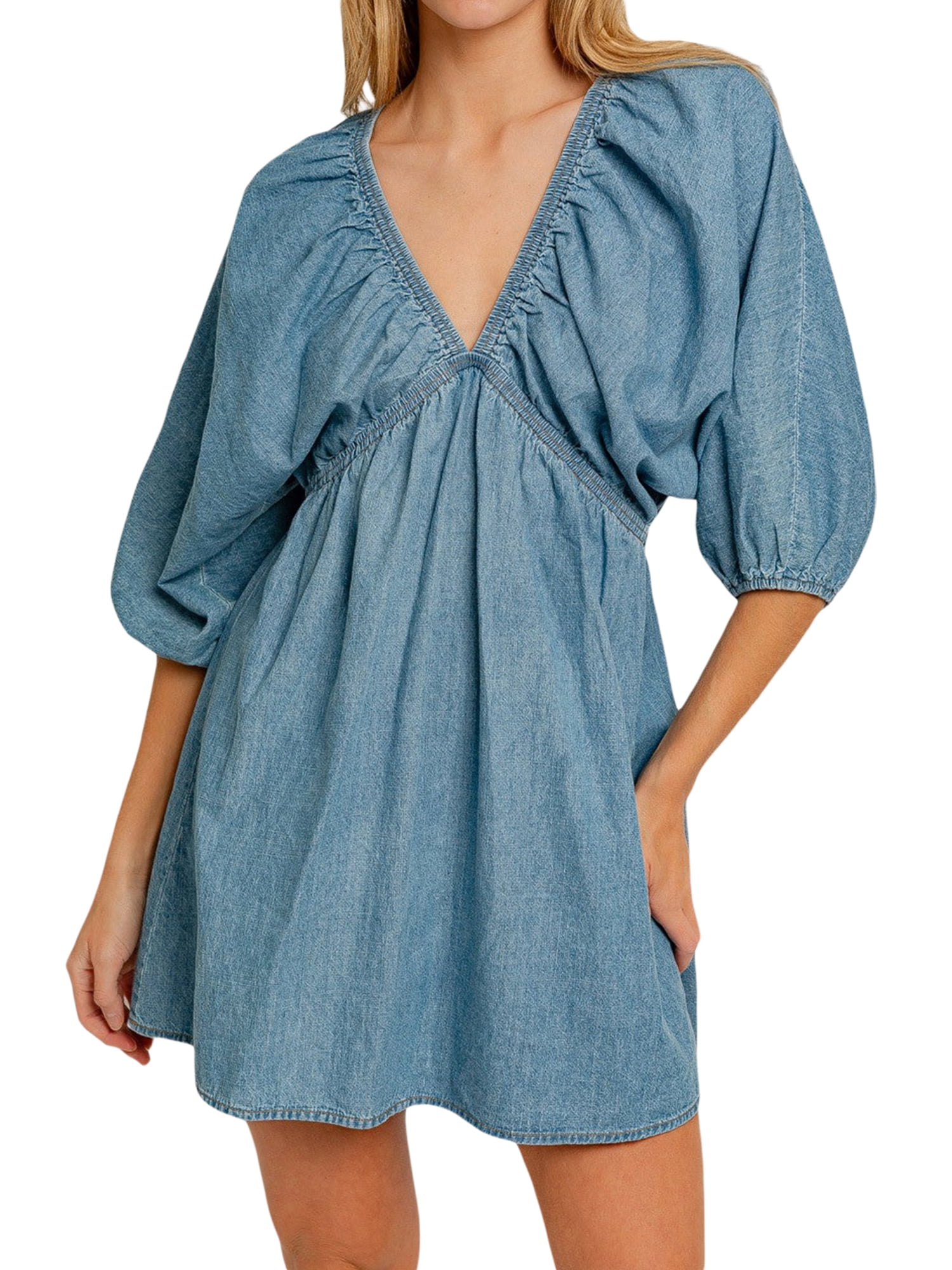 JYYYBF Women Autumn Mini Denim Dress Solid Color Ruched V Neck Balloon  Sleeve Empire Waist Dress for Fall Summer - Walmart.com