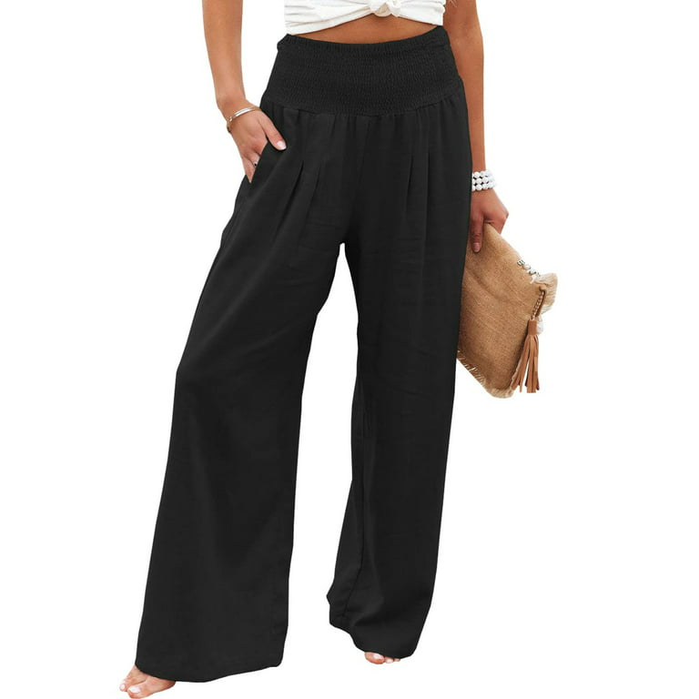 JYYYBF Women Casual Loose Cotton Linen Pants with Pocket Lady Spring Fall  High Waist Wide Leg Trousers Solid Color Shirred Pants Outfit Black XL 