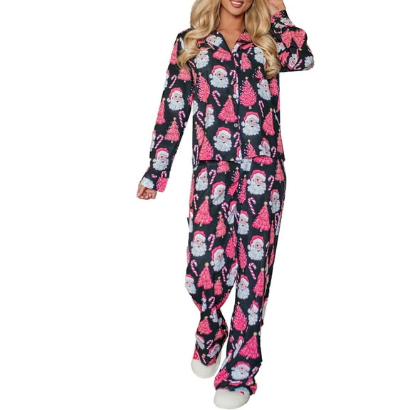 JYYYBF Women Christmas Pajamas Lounge Set Santa Christmas Tree Print Long Sleeve Tops and Pants 2 Piece Loungewear Outfits
