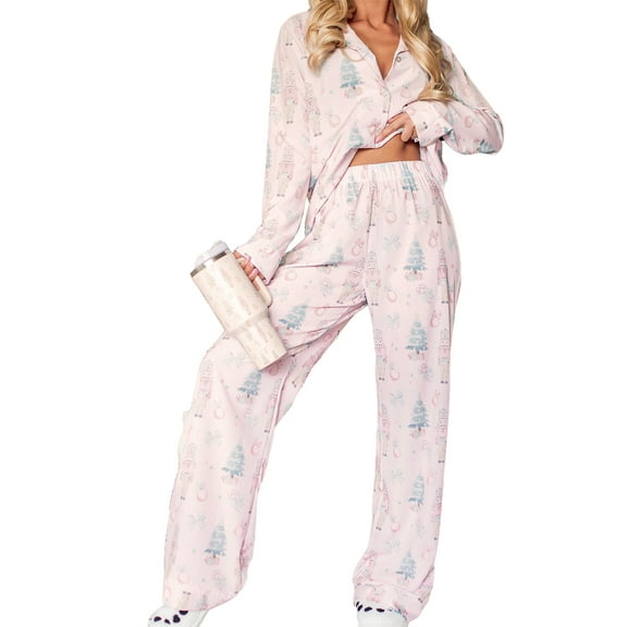 JYYYBF Women Christmas Pajamas Lounge Set Santa Christmas Tree Print Long Sleeve Tops and Pants 2 Piece Loungewear Outfits