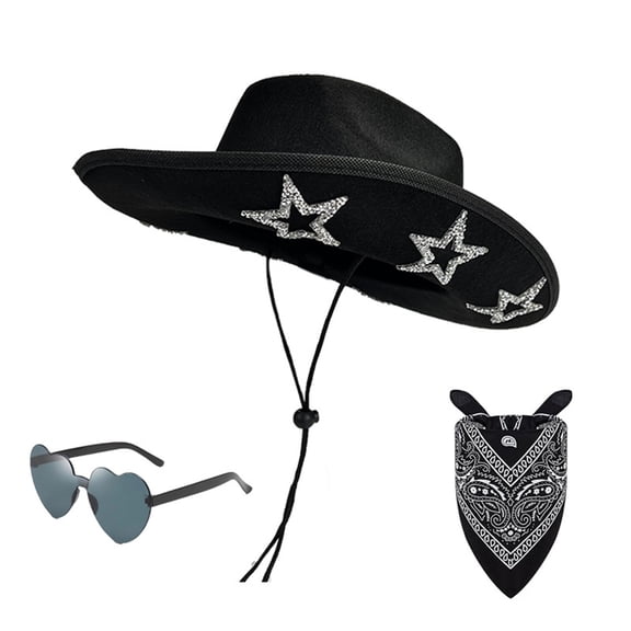 JYYYBF Women Cowgirl Hat Set Rhinestone Star Western Hat with Bandana and Sunglasses for Bachelorette Party