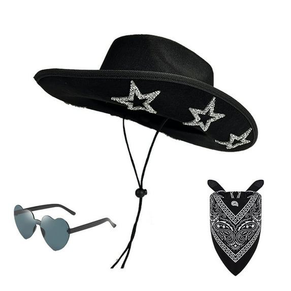 JYYYBF Women Cowgirl Hat Set Rhinestone Star Western Hat with Bandana and Sunglasses for Bachelorette Party