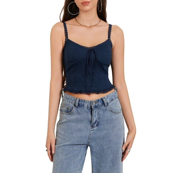 JYYYBF Women Crop Lace Camisole Solid Color Summer Spaghetti Strap Tank Tops Sleeveless T-Shirt for Streetwear Clubwear