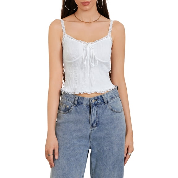 JYYYBF Women Crop Lace Camisole Solid Color Summer Spaghetti Strap Tank Tops Sleeveless T-Shirt for Streetwear Clubwear