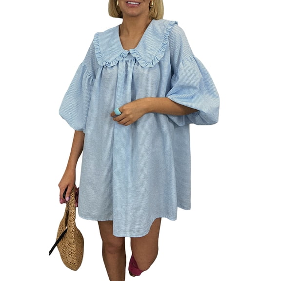 JYYYBF Women Cute Babydoll Dresses Plaid Print Puff Sleeve Doll Collar Loose Mini Dress for Summer