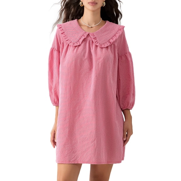 JYYYBF Women Cute Babydoll Dresses Plaid Print Puff Sleeve Doll Collar Loose Mini Dress for Summer