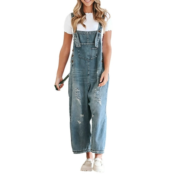 JYYYBF Women Denim Bib Overalls Ripped Baggy Jean Jumpsuit Romper Pants with Pockets for Streetwear