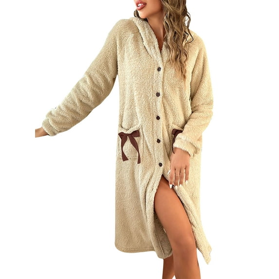 JYYYBF Women Dressing Gown Robe Buttons Bow Pockets Flannel Hooded Bathrobe for Hotel Spa Party Kimono Robe