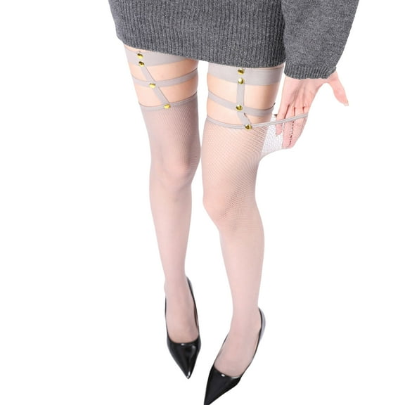 JYYYBF Women Fishnet Socks with Rivet Thigh Ring Mesh Sheer Socks Lolita Cosplay Thigh High Stockings