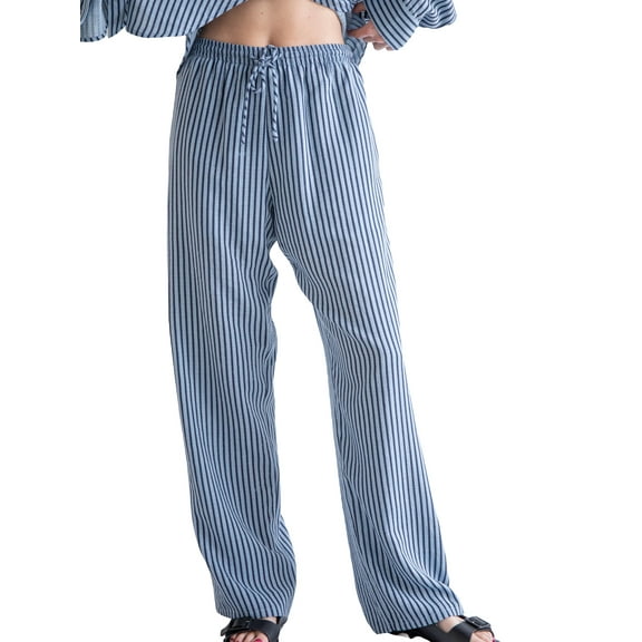 JYYYBF Women High Waist Wide Leg Pants Casual Stripe Print Loose Elastic Drawstring Trousers for Work Office Streetwear