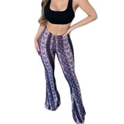 JYYYBF Women High Waisted Flare Pants Slim Trousers Female Plus Size Retro Floral Print Bottoms Purple S