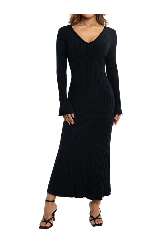Women Knitting Dress, Long Sleeve V Neck Solid Color Street Club Party One-Piece Long Dress