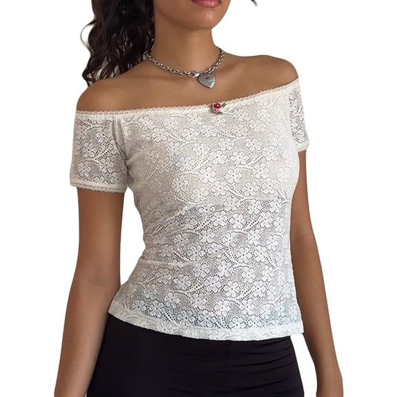 JYYYBF Women Lace T-Shirts Short Sleeve Boat Neck Off Shoulder Shirts Summer Casual Slim Fit Tops Streetwear