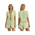 thumbnail image 1 of JYYYBF Women Plaid Outfit, Loose V Neck Puff Sleeve Front Tie-Up Tops Elastic Waist Shorts 2 Piece Summer Set, 1 of 9
