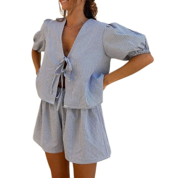 JYYYBF Women Plaid Outfit, Loose V Neck Puff Sleeve Front Tie-Up Tops Elastic Waist Shorts 2 Piece Summer Set