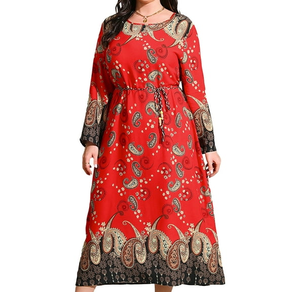 JYYYBF Women Plus SIze Spring Fall Boho Dress Long Sleeve O Neck Pattern Print Long Vacation Dresses