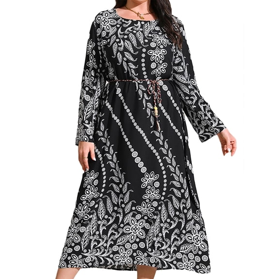 JYYYBF Women Plus SIze  Spring Fall Boho Dress Long Sleeve O Neck Pattern Print Long Vacation Dresses
