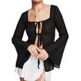 thumbnail image 1 of JYYYBF Women Sheer Tops, Long Flare Sleeve Tie-up See-through Solid Color Fall Tops Clubwear, 1 of 9