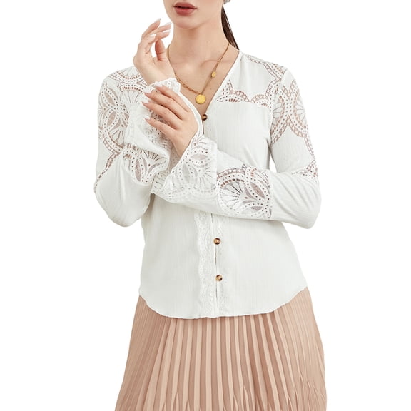 JYYYBF Women Shirt, Long Sleeve Shirt Button-down V-neck Lace Patchwork Hollowed Fall Tops
