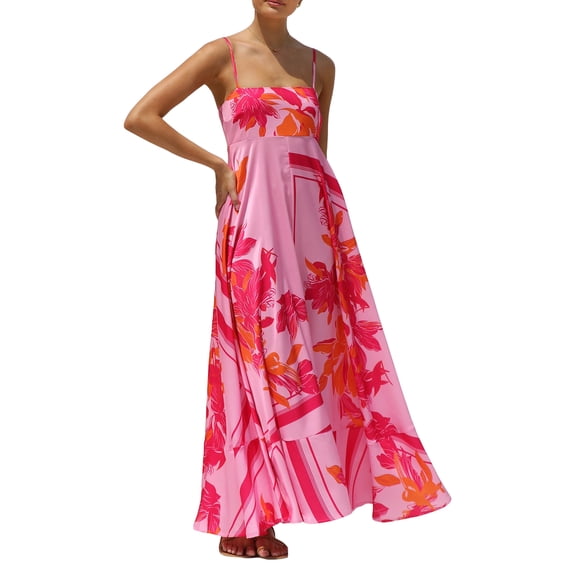 JYYYBF Women Slip Dresses, Spaghetti Straps Backless Sun Flower Print Swing Dress Summer Long Dress