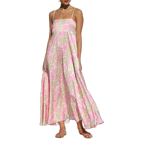 JYYYBF Women Slip Dresses, Spaghetti Straps Backless Sun Flower Print Swing Dress Summer Long Dress