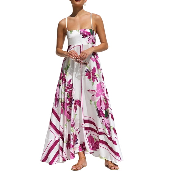 JYYYBF Women Slip Dresses, Spaghetti Straps Backless Sun Flower Print Swing Dress Summer Long Dress