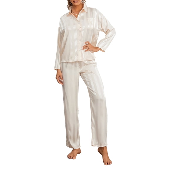 JYYYBF Women Spring Fall Pajama Set, Long Sleeve Button Closure Shirt with Pants Striped Sleepwear Casual Loungewear