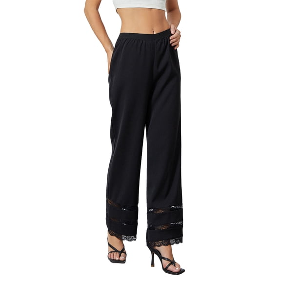 JYYYBF Women Spring Pajamas Trousers, Lace Patchwork Elastic High Waist Long Pants Nightwear Lounge Bottoms