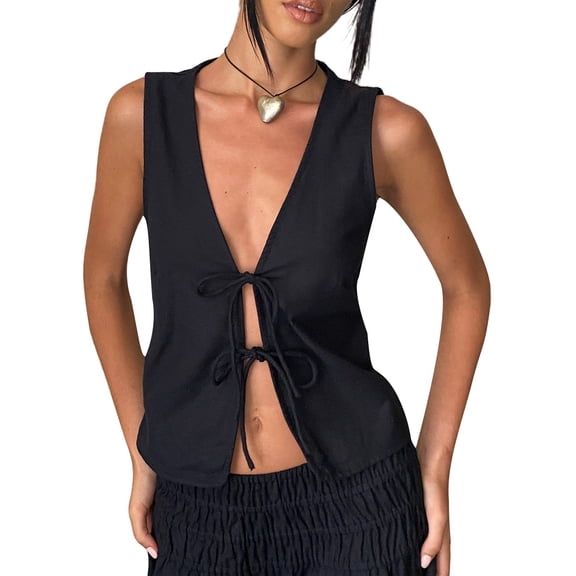 JYYYBF Women Strappy Tank Tops Double Front Tie Closure V-Neck Summer Sleeveless Solid Color Vest