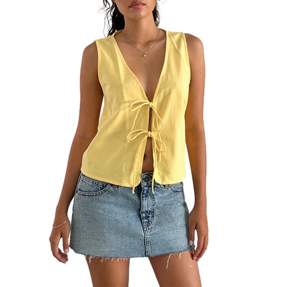 JYYYBF Women Strappy Tank Tops Double Front Tie Closure V-Neck Summer Sleeveless Solid Color Vest