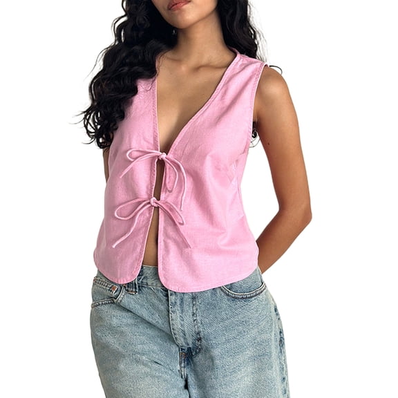JYYYBF Women Strappy Tank Tops Double Front Tie Closure V-Neck Summer Sleeveless Solid Color Vest