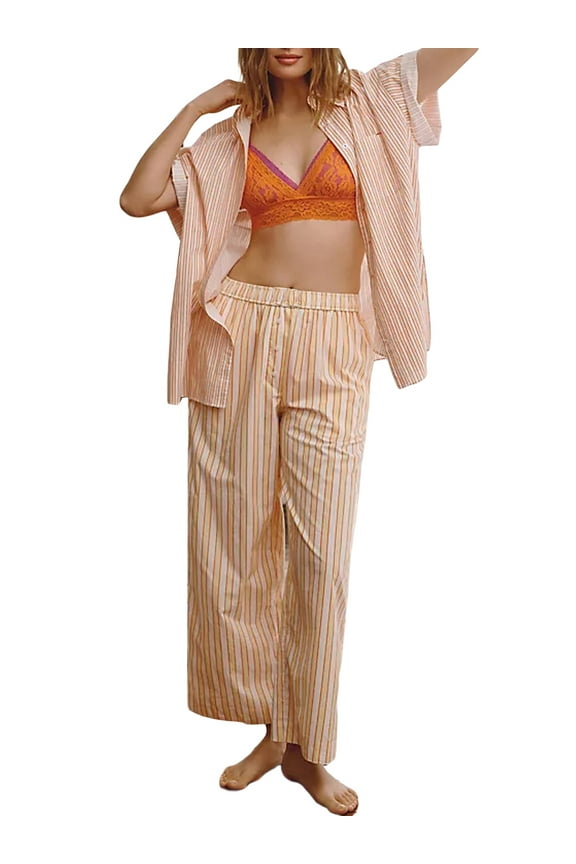 Women Striped Pajama Set, Short Sleeve Button Closure Shirt with Pants Sleepwear Loungewear
