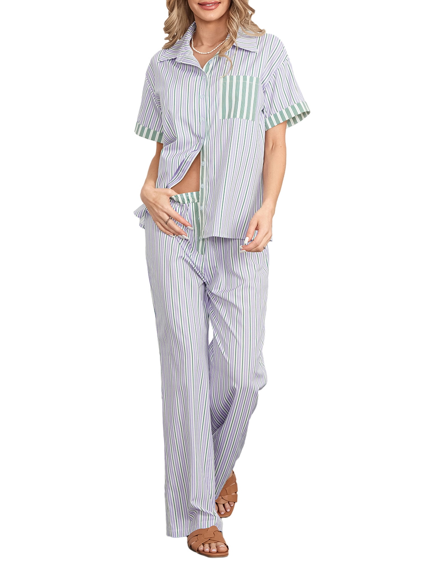 JYYYBF Women Striped Pajama Set, Short Sleeve Button Closure Shirt with ...