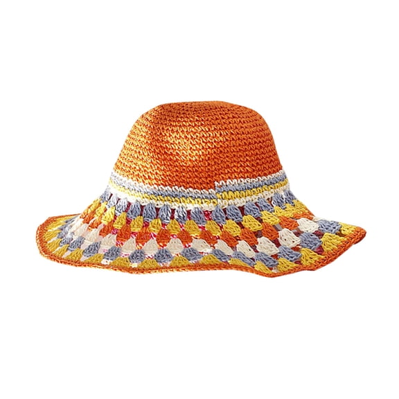 JYYYBF Women Summer Straw Hat Bucket Cap Rainbow Color Contrast Color Bucket Hats UV Protection Boho Style Beach Holiday Sun Hat
