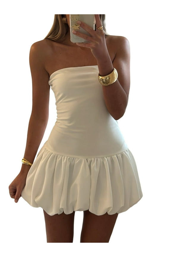 Women Summer Tube Mini Dress Solid Color Sweet Bubble Dress for Cocktail Party