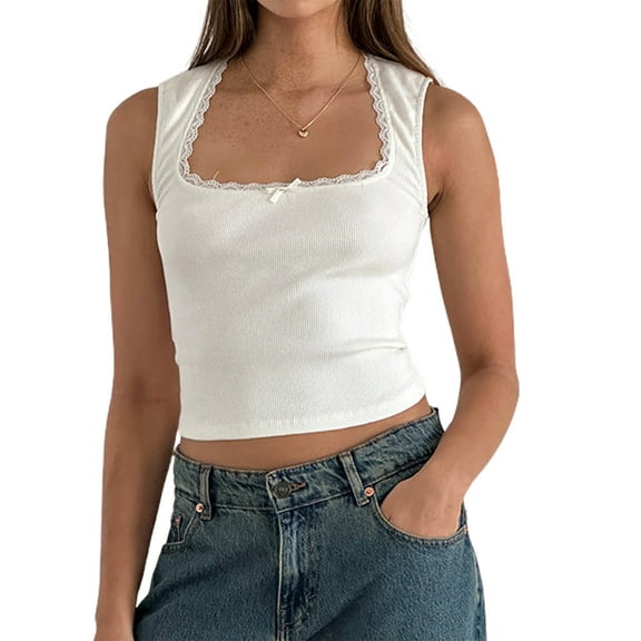 JYYYBF Women Tank Tops Lace Trim Bowknot Embellished Sleeveless Casual Vests Summer Fashion Slim Fit Tops Streetwear