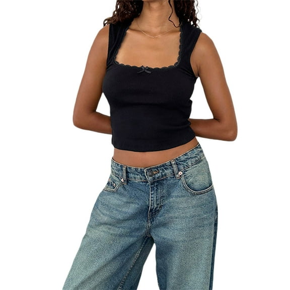 JYYYBF Women Tank Tops Lace Trim Bowknot Embellished Sleeveless Casual Vests Summer Fashion Slim Fit Tops Streetwear