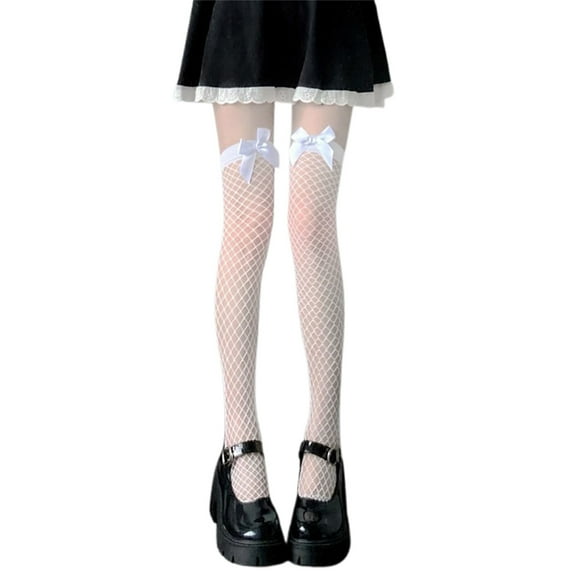 JYYYBF Women Thigh High Fishnet Socks 3D Bow Mesh Sheer See Through Boot Socks Kawaii Cosplay Stockings