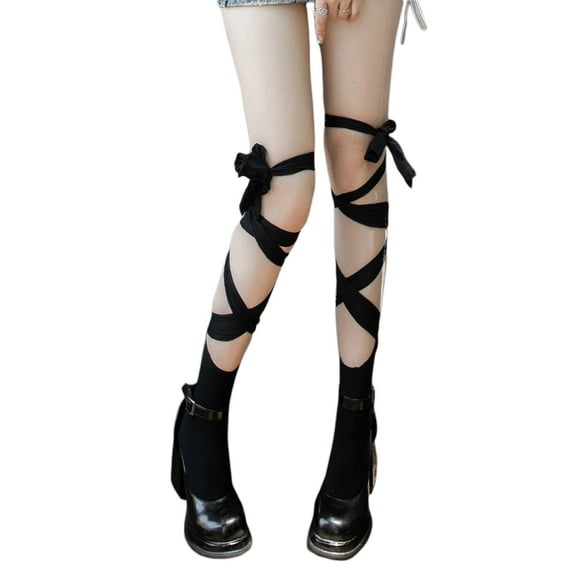 JYYYBF Women Thigh High Socks Solid Color Cross Tie-up Boot Socks Lolita Kawaii Cosplay Stockings
