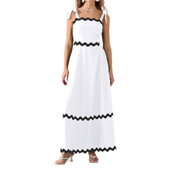 JYYYBF Women Tie Shoulder Dress Summer Sleeveless Wavy Trim A-Line Dresses Long Flowy Dress