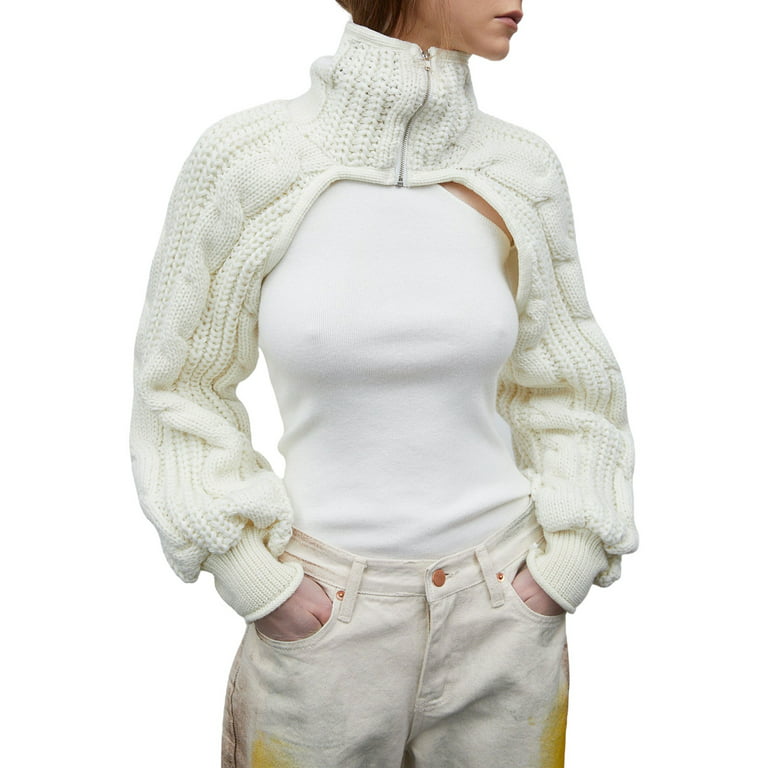JYYYBF Women Turtleneck Shrug Cropped Sweater Zipper Long Sleeve Short Arm  Warmer Sweater Coat Streetwear White One Size 