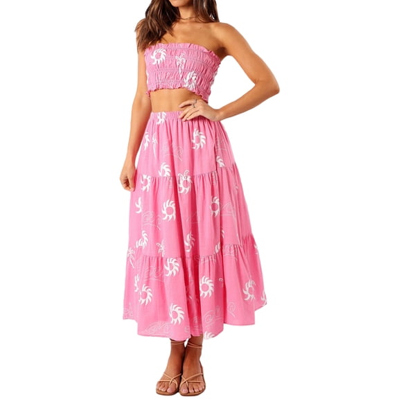 JYYYBF Women's 2Pcs Skirt Outfits Off Shoulder Pattern Print Bandeau Long Flowy Skirt Set