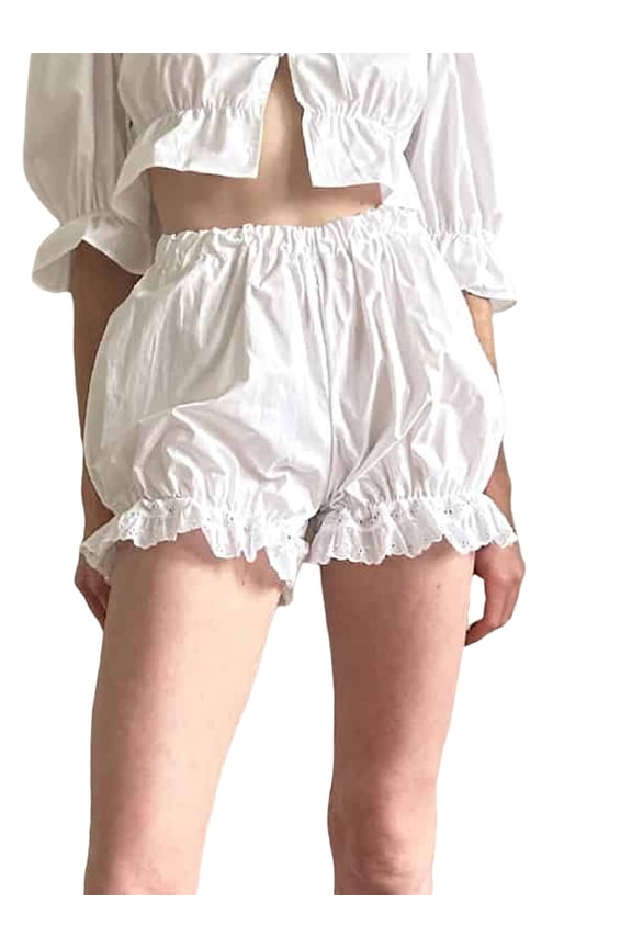 Women's Bloomers Loose Eyelet Embroidery Elastic Waist Ruffled Trim Bubble Lounge Shorts for Summer