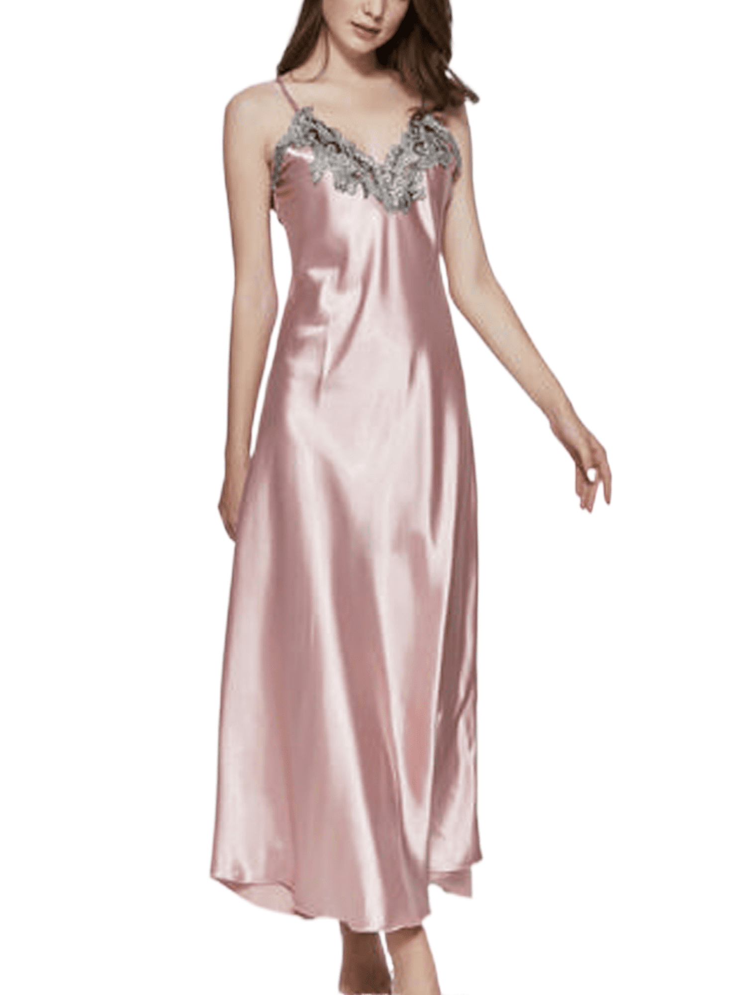 JYYYBF Women s Camisole Nightgown Silk Satin Nightdress Maxi Full Slip Dress Spaghetti Strap Sleepwear Pink XL