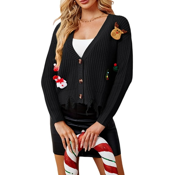 JYYYBF Women's Christmas Knit Cardigan 3D Reindeer Snowman Long Sleeve V-Neck Button Down Loose Sweater