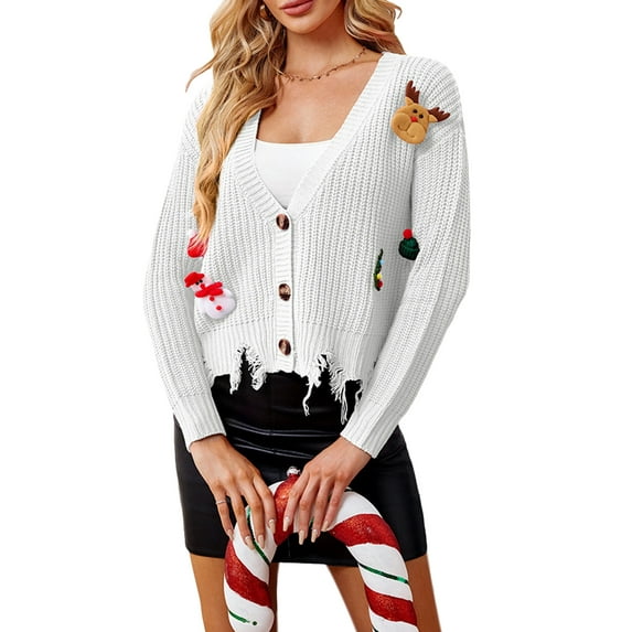 JYYYBF Women's Christmas Knit Cardigan 3D Reindeer Snowman Long Sleeve V-Neck Button Down Loose Sweater