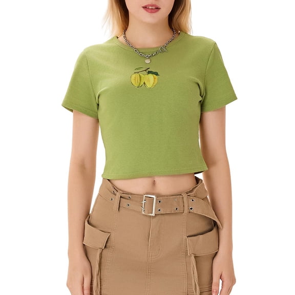 JYYYBF Women's Crop Tops Tight Fitted Round Neck Short Sleeve Cute Strawberry Print Short T-Shirts Tops for Summer