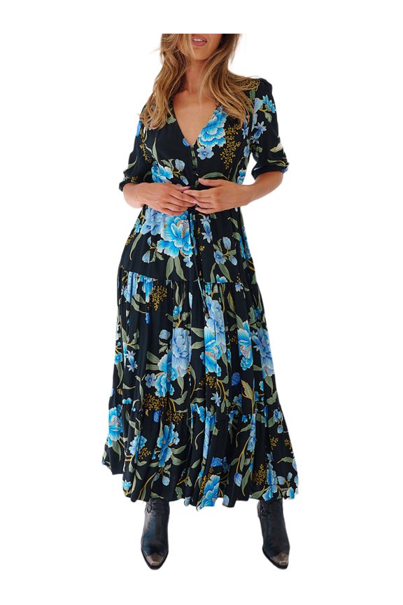 Women's Floral Print Long Dress Half Sleeves V-Neck Slit Hem Flowy A-Line Dress for Summer